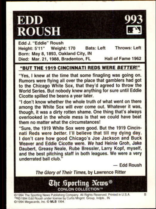 1994 Conlon TSN #993 Edd Roush back image