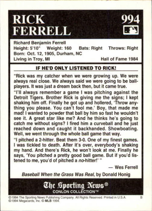 1994 Conlon TSN #994 Rick Ferrell back image