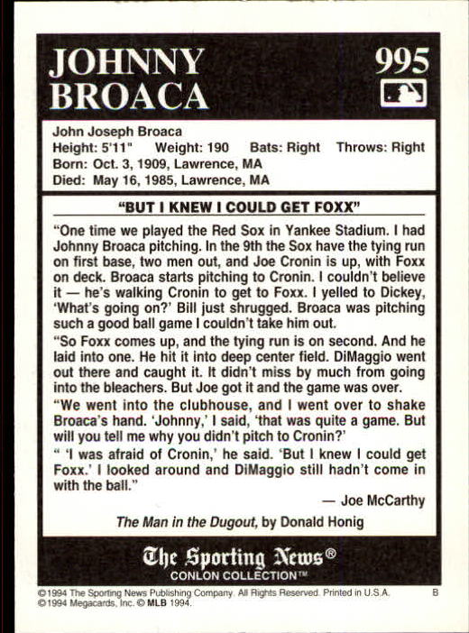 1994 Conlon TSN #995 Johnny Broaca back image