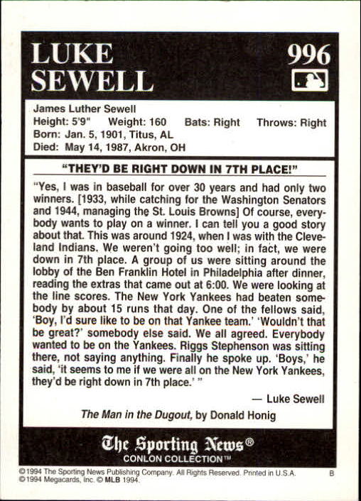 1994 Conlon TSN #996 Luke Sewell back image