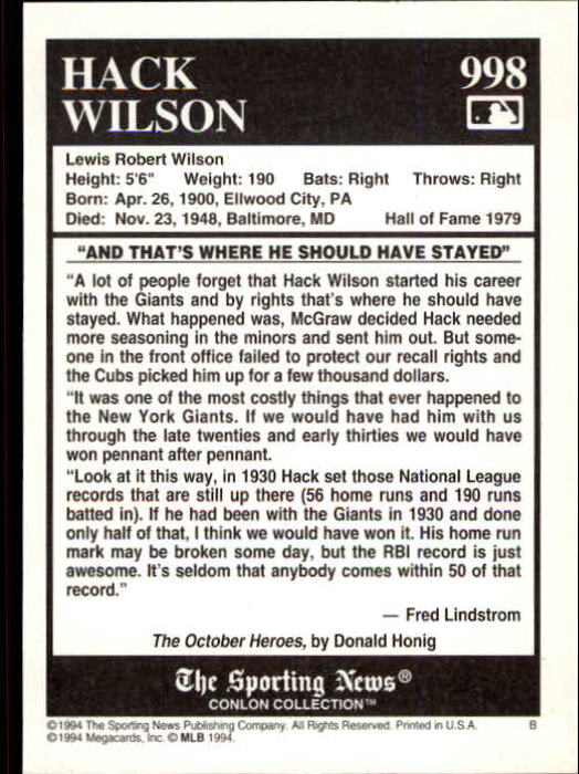 1994 Conlon TSN #998 Hack Wilson back image