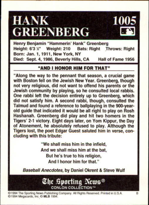 1994 Conlon TSN #1005 Hank Greenberg back image