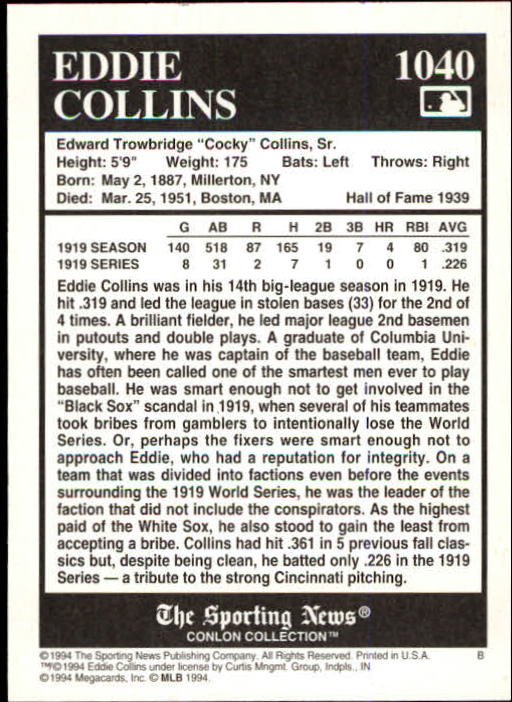 1994 Conlon TSN #1040 Eddie Collins back image