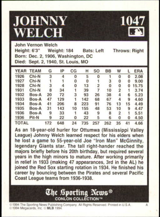 1994 Conlon TSN #1047 Johnny Welch back image