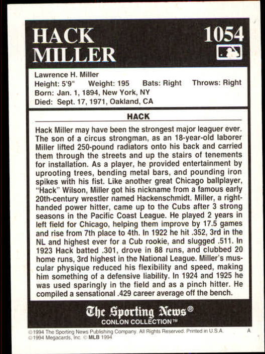 1994 Conlon TSN #1054 Hack Miller back image