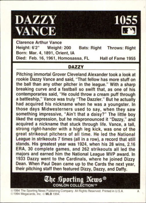 1994 Conlon TSN #1055 Dazzy Vance back image