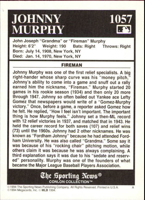 1994 Conlon TSN #1057 Johnny Murphy back image
