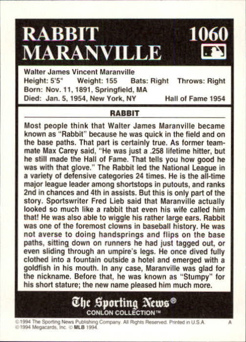 1994 Conlon TSN #1060 Rabbit Maranville back image