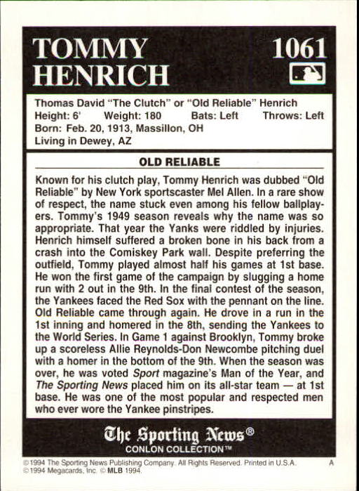 1994 Conlon TSN #1061 Tommy Henrich back image