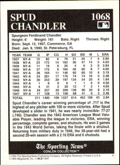 1994 Conlon TSN #1068 Spud Chandler back image