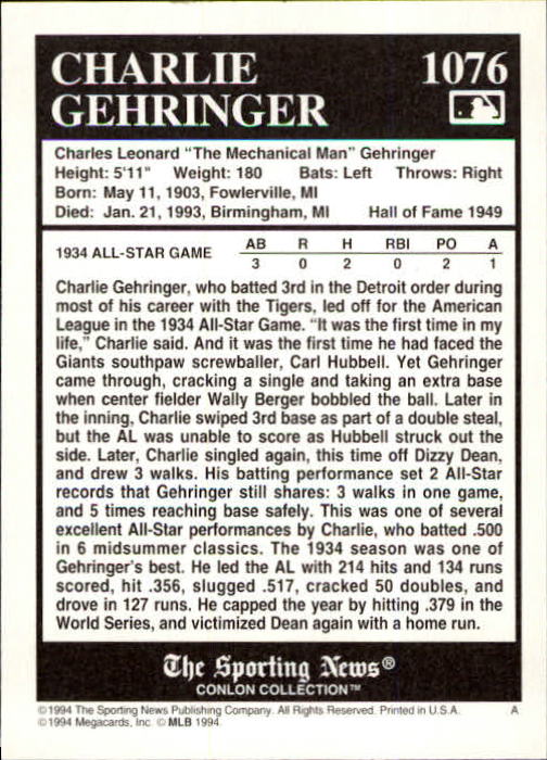 1994 Conlon TSN #1076 Charlie Gehringer back image