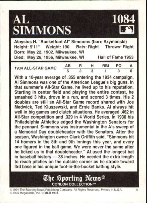 1994 Conlon TSN #1084 Al Simmons back image