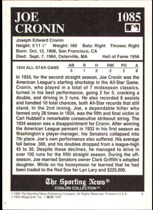 1994 Conlon TSN #1085 Joe Cronin back image