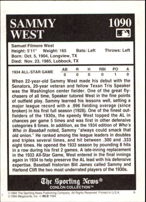 1994 Conlon TSN #1090 Sammy West back image