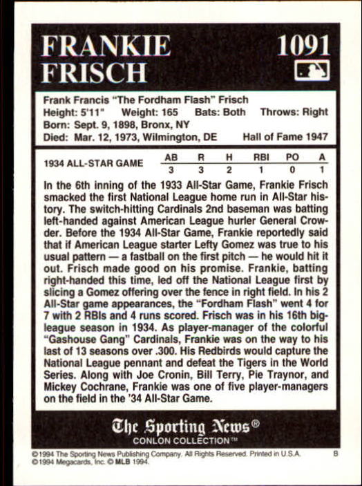 1994 Conlon TSN #1091 Frank Frisch P-MG back image