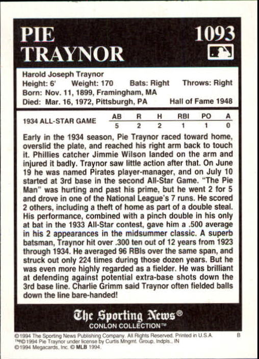1994 Conlon TSN #1093 Pie Traynor back image