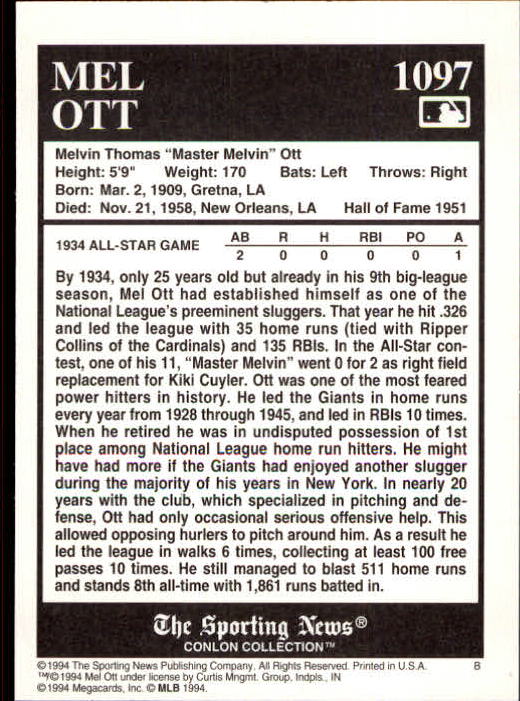 1994 Conlon TSN #1097 Mel Ott back image
