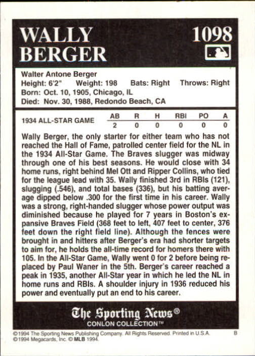 1994 Conlon TSN #1098 Wally Berger back image