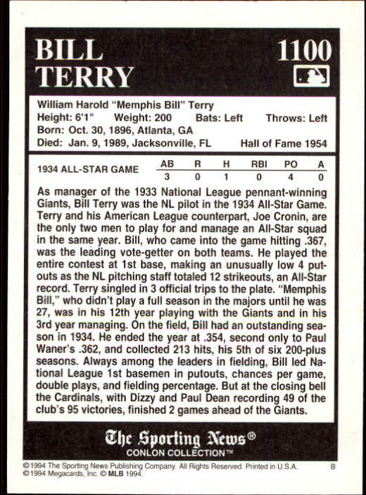 1994 Conlon TSN #1100 Bill Terry back image