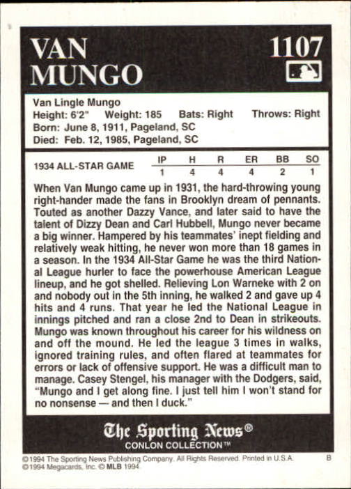 1994 Conlon TSN #1107 Van Lingle Mungo back image