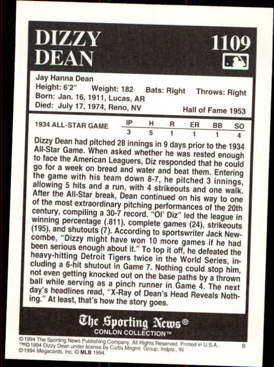 1994 Conlon TSN #1109 Dizzy Dean back image