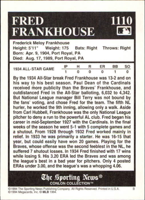1994 Conlon TSN #1110 Fred Frankhouse back image