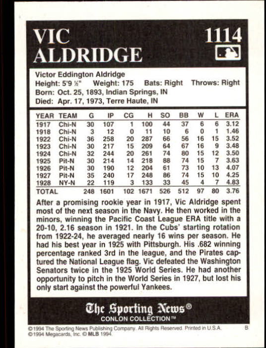 1994 Conlon TSN #1114 Vic Aldridge back image