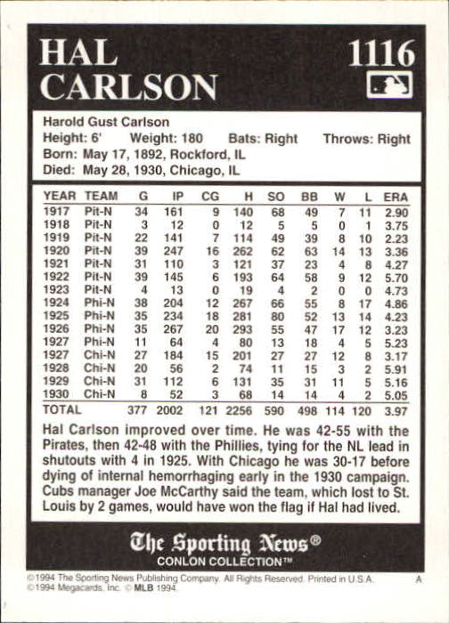 1994 Conlon TSN #1116 Hal Carlson back image