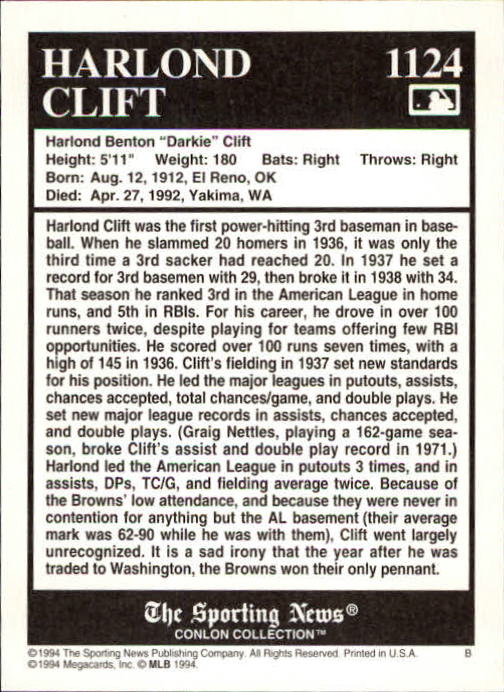 1994 Conlon TSN #1124 Harlond Clift back image