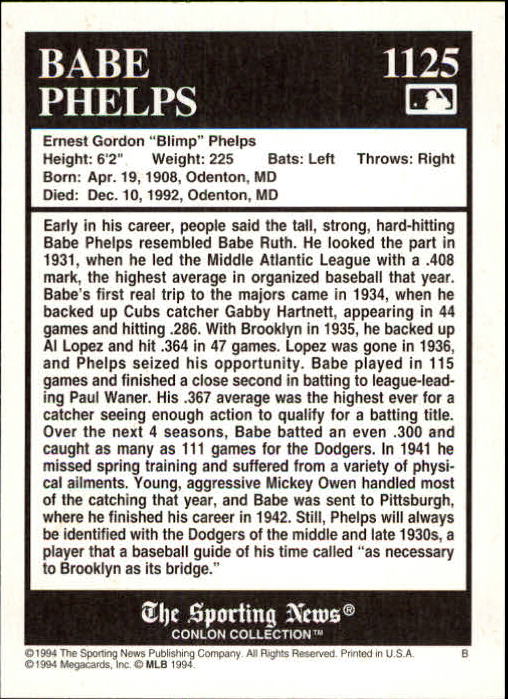 1994 Conlon TSN #1125 Babe Phelps back image