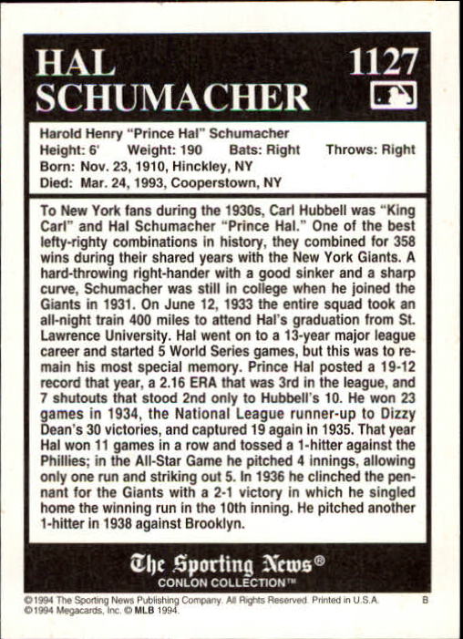 1994 Conlon TSN #1127 Hal Schumacher back image