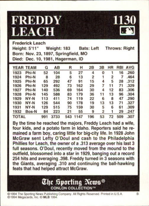 1994 Conlon TSN #1130 Freddy Leach back image