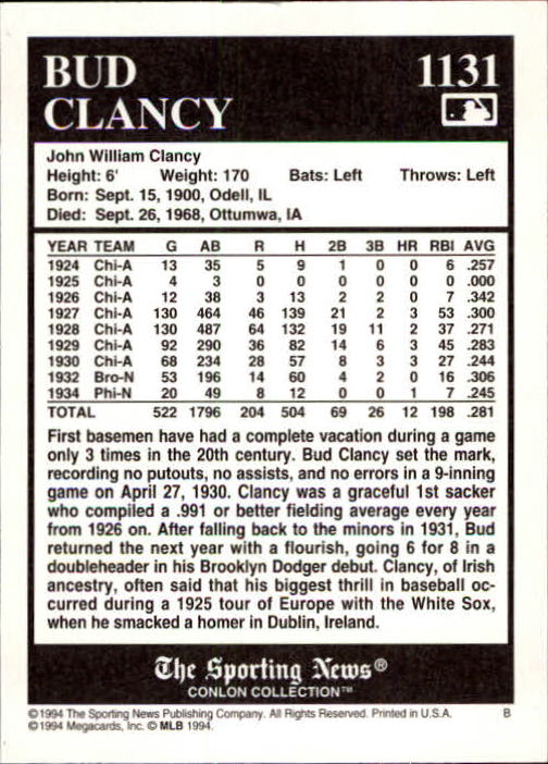 1994 Conlon TSN #1131 Bud Clancy back image