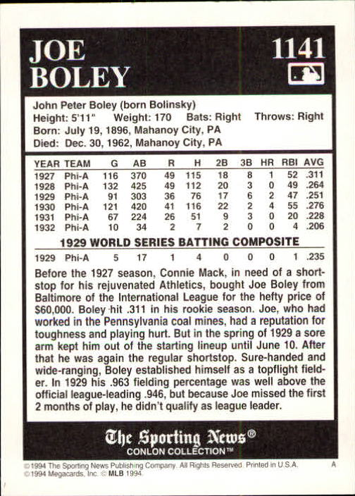 1994 Conlon TSN #1141 Joe Boley back image