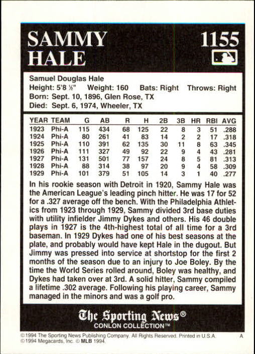 1994 Conlon TSN #1155 Sammy Hale back image