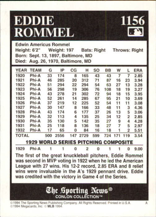 1994 Conlon TSN #1156 Eddie Rommel back image
