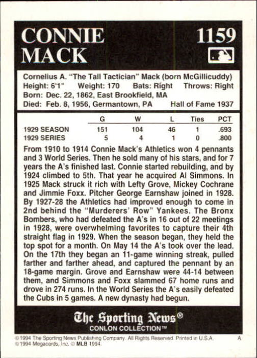 1994 Conlon TSN #1159 Connie Mack MG back image