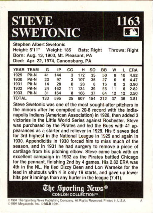 1994 Conlon TSN #1163 Steve Swetonic back image