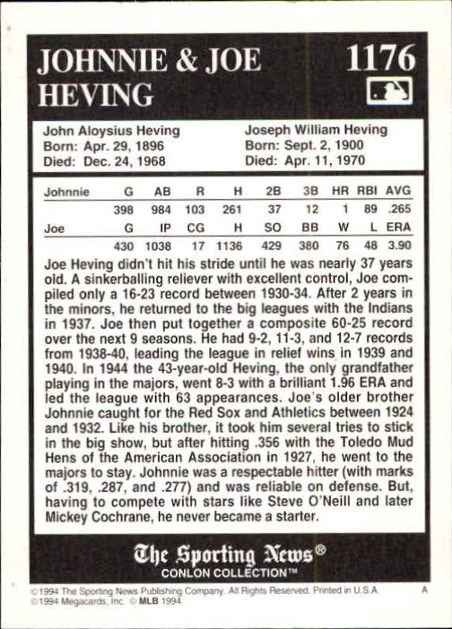 1994 Conlon TSN #1176 Johnnie Heving/Joe Heving back image