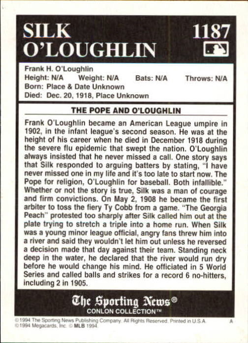 1994 Conlon TSN #1187 Silk O'Loughlin UMP back image