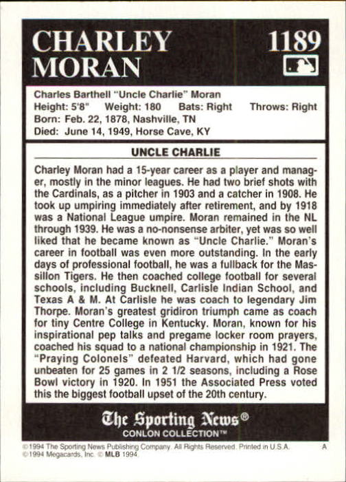 1994 Conlon TSN #1189 Charles Moran UMP back image