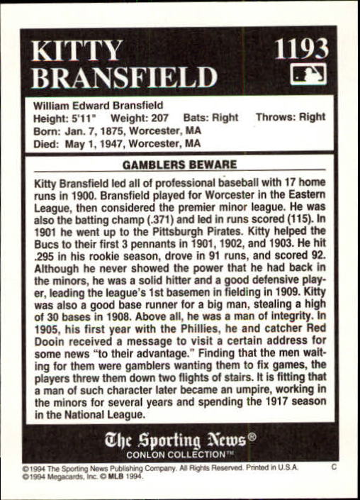 1994 Conlon TSN #1193 Kitty Bransfield UMP back image
