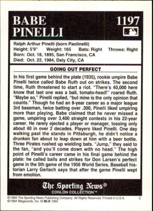 1994 Conlon TSN #1197 Babe Pinelli UMP back image