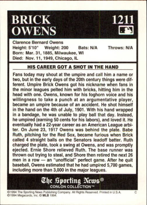1994 Conlon TSN #1211 Brick Owens UMP back image