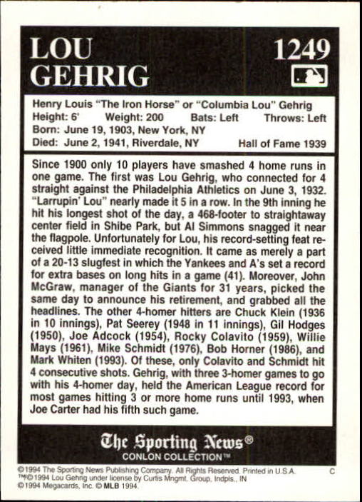 1994 Conlon TSN #1249 Lou Gehrig back image