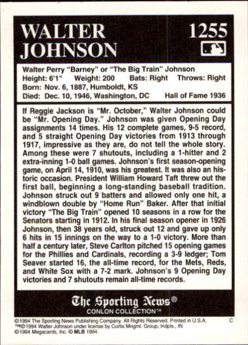 1994 Conlon TSN #1255 Walter Johnson back image