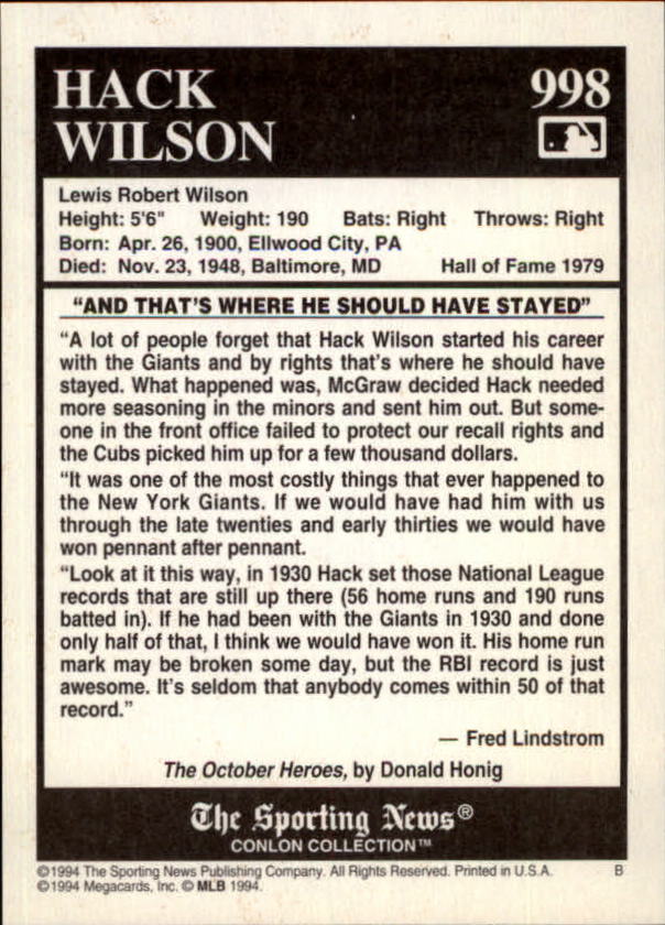 1994 Conlon TSN Burgundy #998 Hack Wilson back image