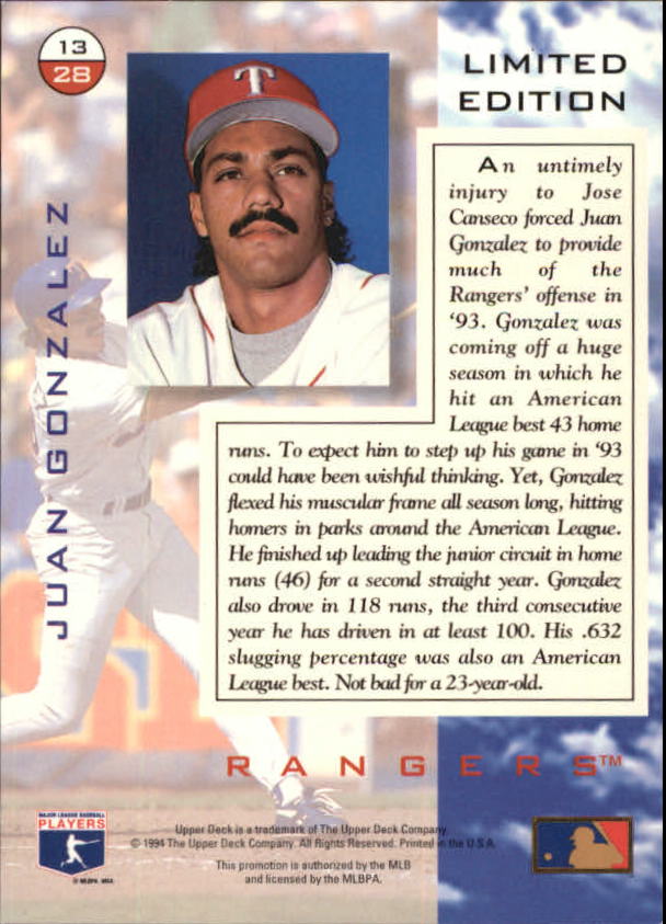 1994 Denny's Holograms #13 Juan Gonzalez back image