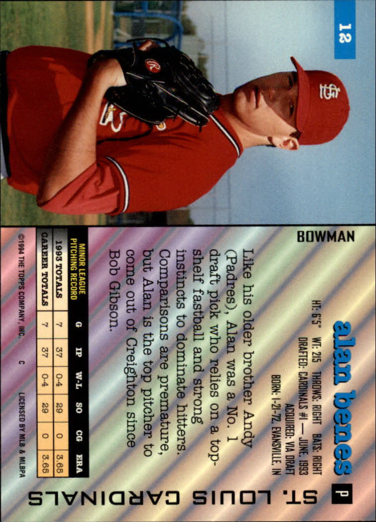 1994 Bowman #12 Alan Benes RC back image