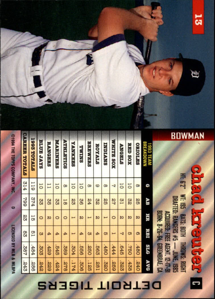 1994 Bowman #13 Chad Kreuter back image